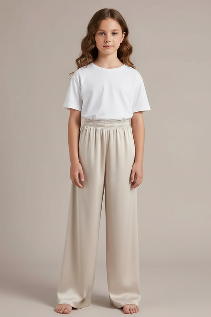 Pantalon Fluide Beige Satiné Ample Décontracté Femme