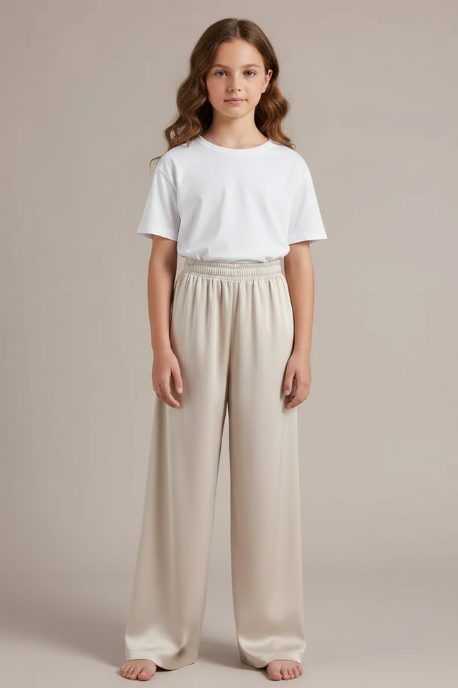 Pantalon Fluide Beige Satiné Ample Décontracté Femme