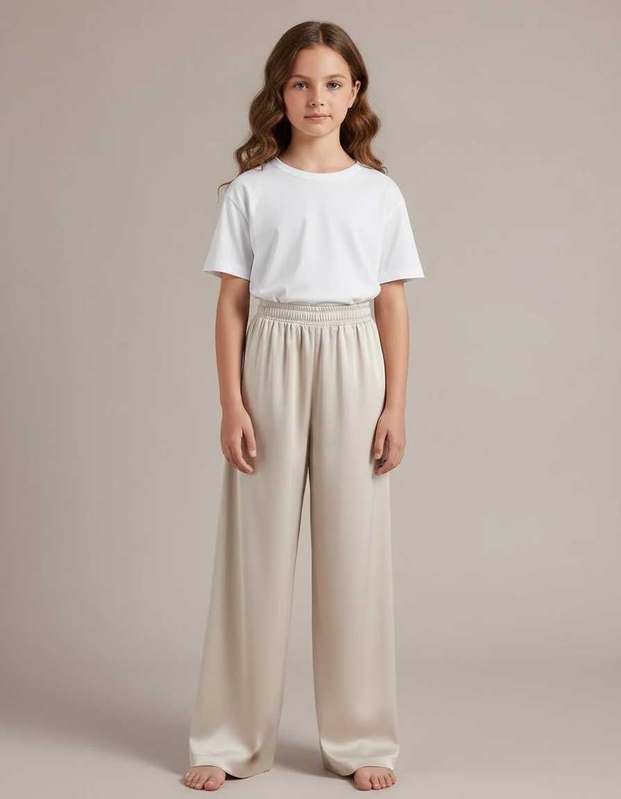 Pantalon Fluide Beige Satiné Ample Décontracté Femme