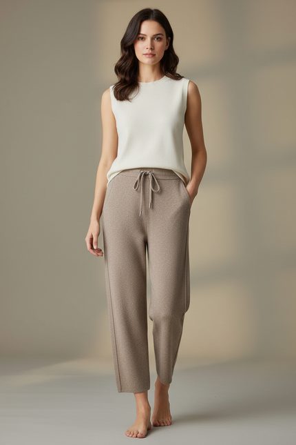 Pantalon Fluide Beige Chiné Ample Cordon Décontracté - Maille