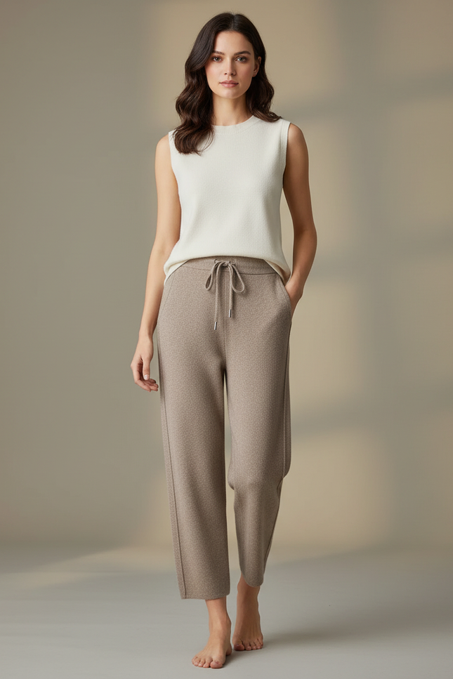 Pantalon Fluide Beige Chiné Ample Cordon Décontracté - Maille