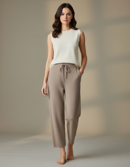 Pantalon Fluide Beige Chiné Ample Cordon Décontracté - Maille