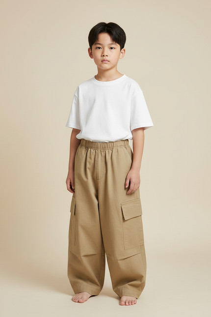 Pantalon Fluide Kaki Ample Cargo Garçon - Toile