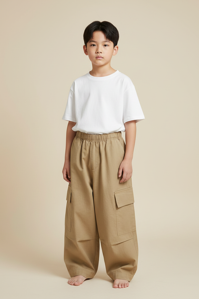 Pantalon Fluide Kaki Ample Cargo Garçon - Toile