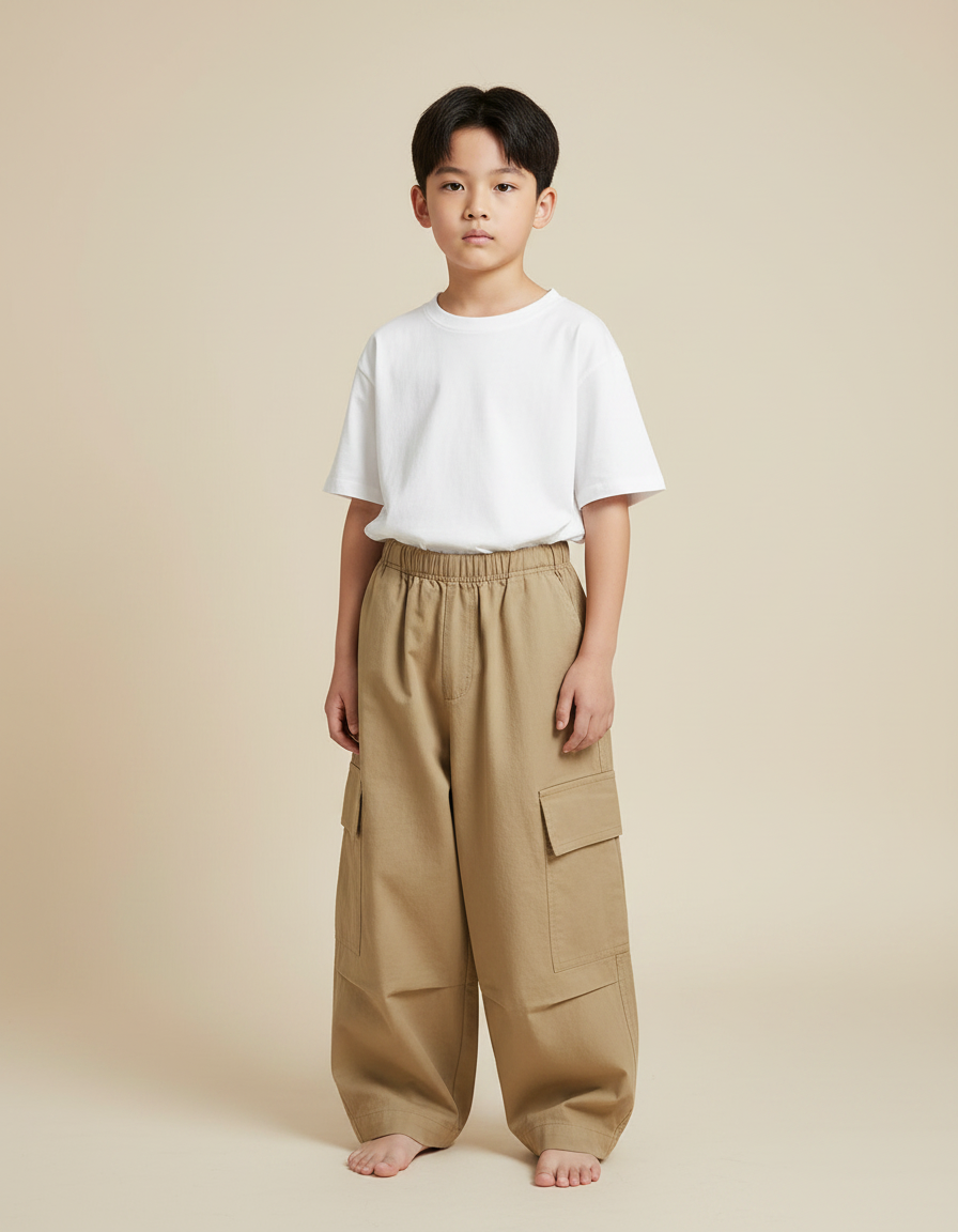 Pantalon Fluide Kaki Ample Cargo Garçon - Toile