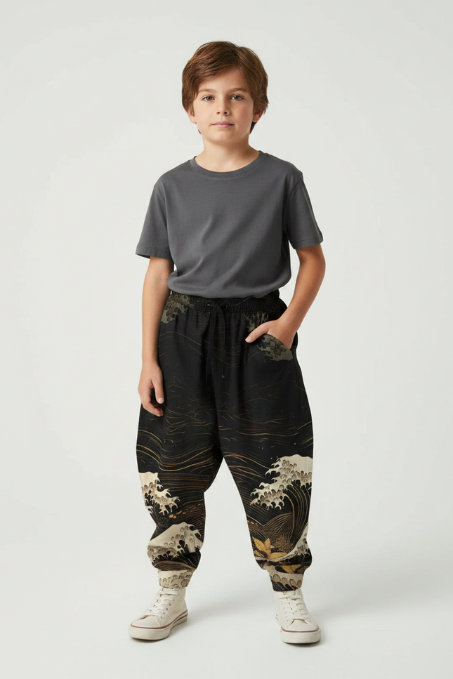 Pantalon Fluide Noir Ample Imprimé Vagues Japonaises - Viscose