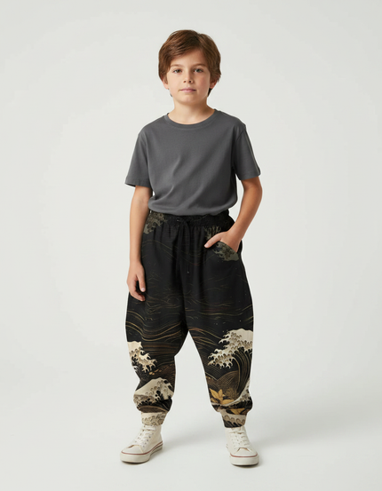 Pantalon Fluide Noir Ample Imprimé Vagues Japonaises - Viscose