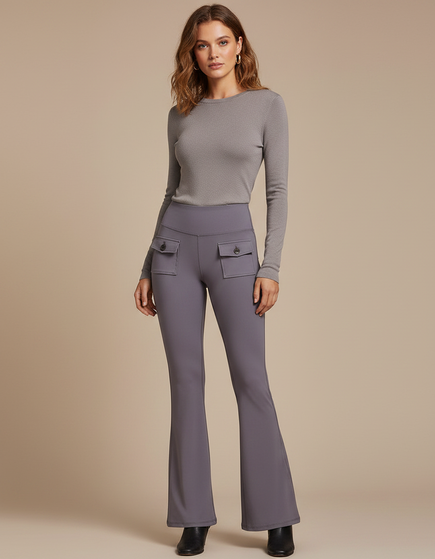 Pantalon Fluide Gris Violet Évasé Poches Taille Haute - Polyester