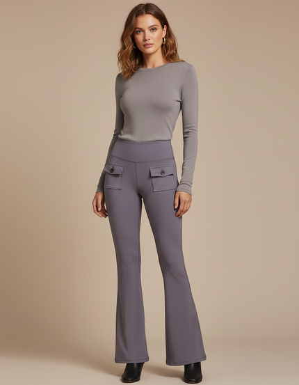 Pantalon Fluide Gris Violet Évasé Poches Taille Haute - Polyester