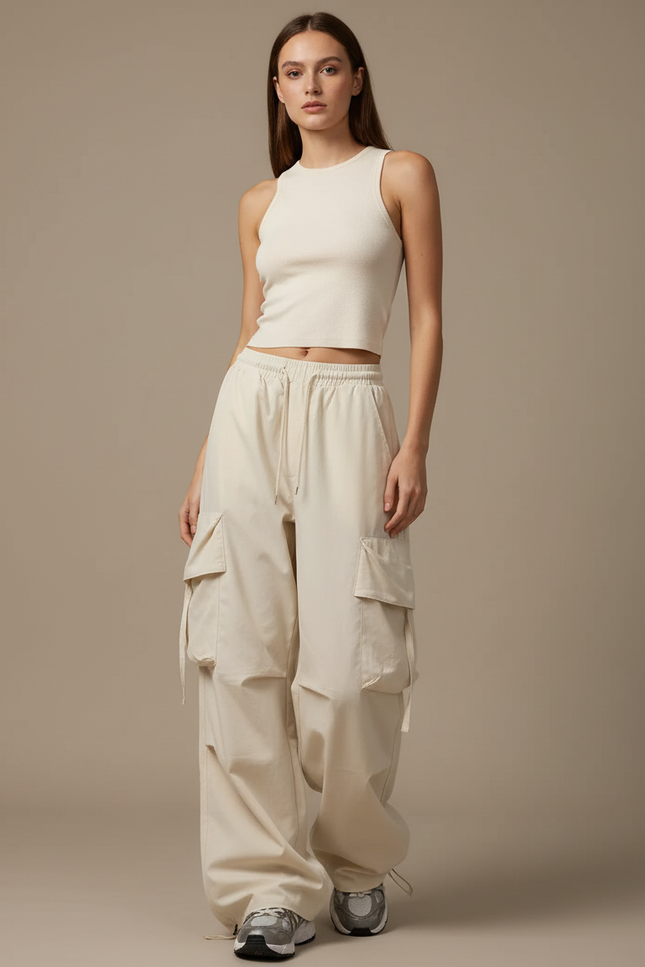 Pantalon Fluide Beige Large Cargo Décontracté Femme - Toile