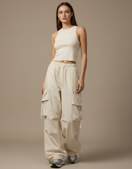 Pantalon Fluide Beige Large Cargo Décontracté Femme - Toile