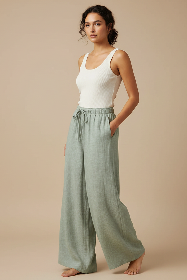 Pantalon Fluide Vert Ample Coton Léger Confortable