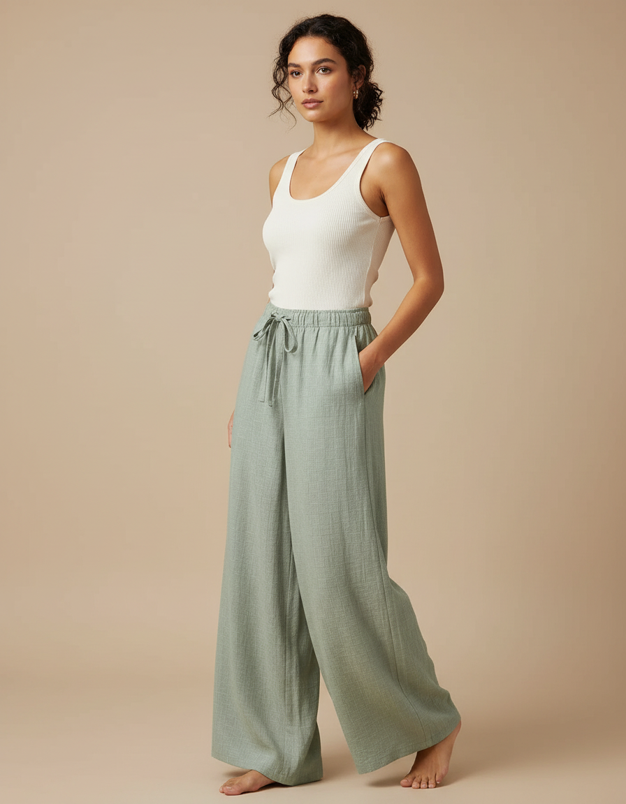 Pantalon Fluide Vert Ample Coton Léger Confortable