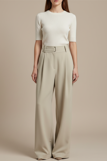 Pantalon Fluide Beige Ample Taille Haute Élégant - Polyester
