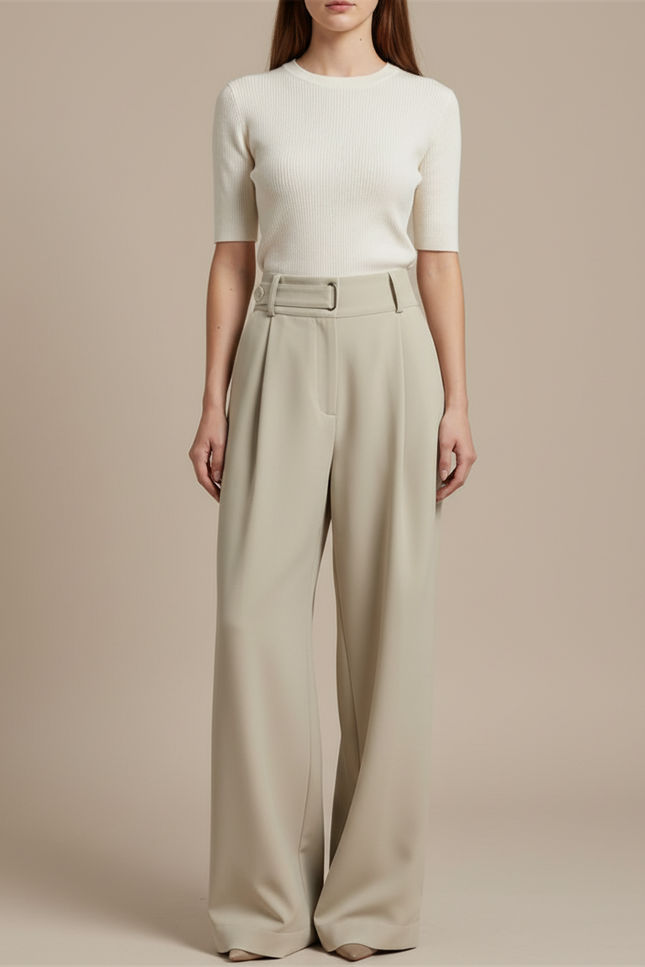Pantalon Fluide Beige Ample Taille Haute Élégant - Polyester