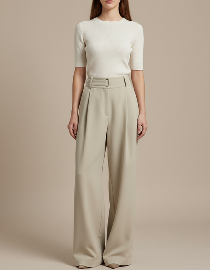 Pantalon Fluide Beige Ample Taille Haute Élégant - Polyester