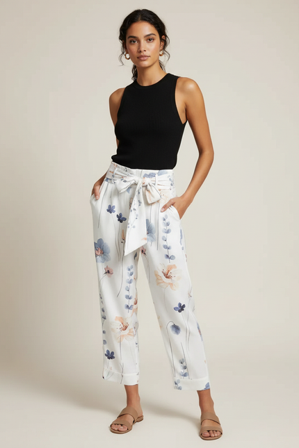 Pantalon Fluide Blanc Imprimé Floral Taille Haute Ceinturé - Viscose