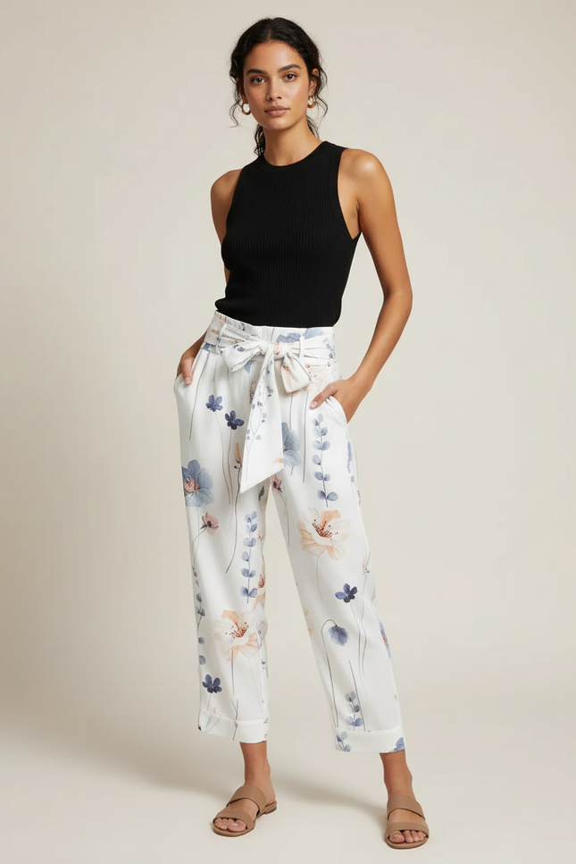Pantalon Fluide Blanc Imprimé Floral Taille Haute Ceinturé - Viscose