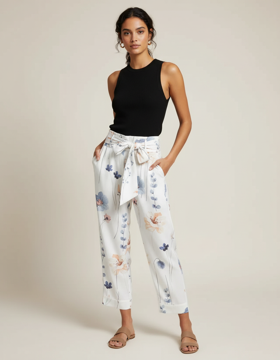 Pantalon Fluide Blanc Imprimé Floral Taille Haute Ceinturé - Viscose