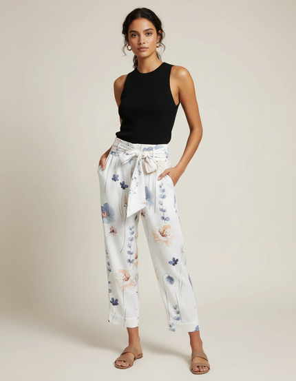 Pantalon Fluide Blanc Imprimé Floral Taille Haute Ceinturé - Viscose