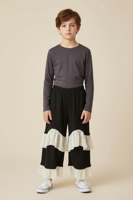 Pantalon Fluide Noir Volants Écru Ample Enfant - Viscose