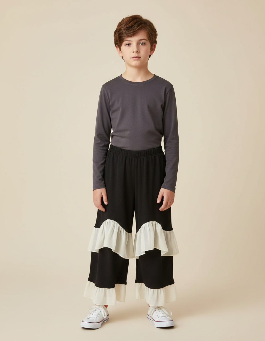 Pantalon Fluide Noir Volants Écru Ample Enfant - Viscose