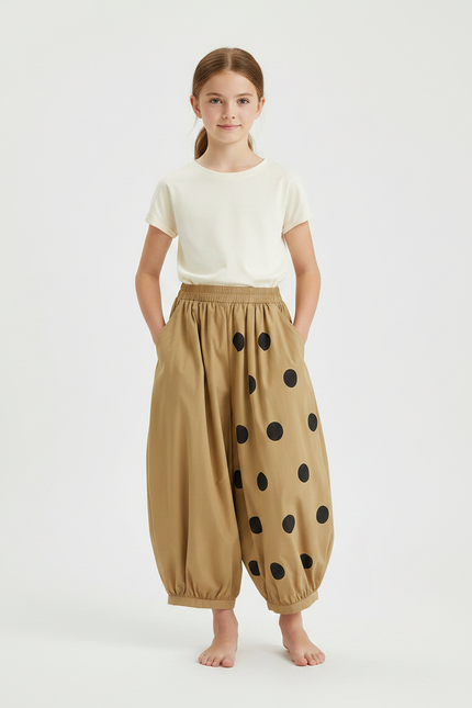 Pantalon Fluide Beige Ample Pois Noirs Enfant - Coton