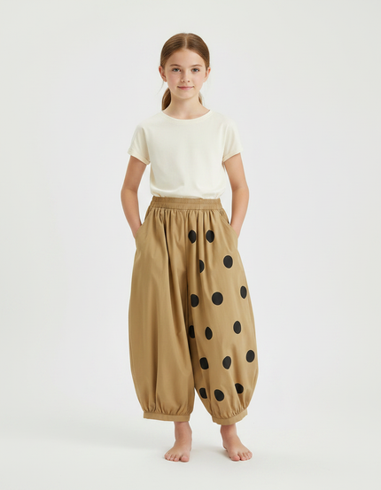 Pantalon Fluide Beige Ample Pois Noirs Enfant - Coton