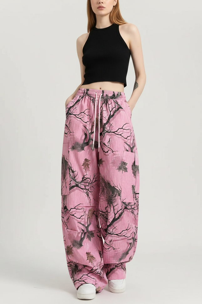 Pantalon Fluide Rose Graffiti Ample Décontracté Streetwear - Polyester