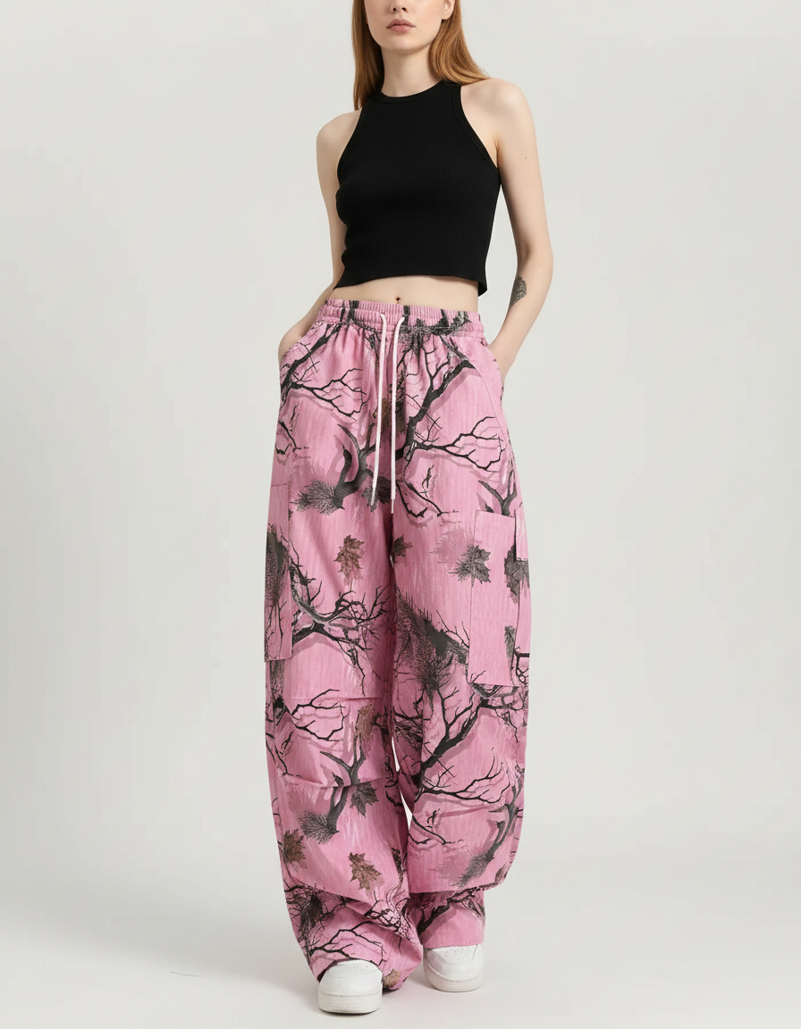 Pantalon Fluide Rose Graffiti Ample Décontracté Streetwear - Polyester