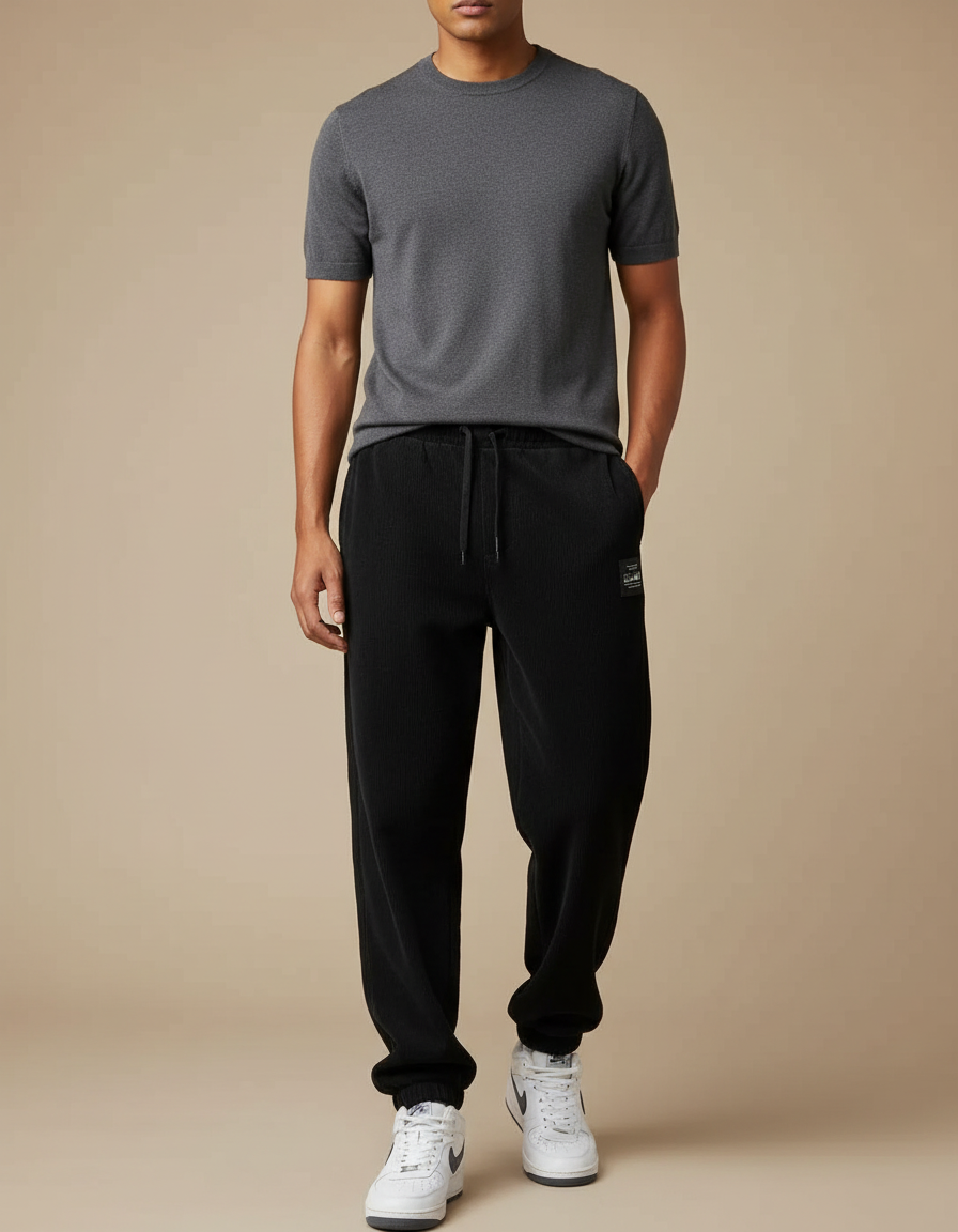 Pantalon Fluide Noir Côtelé Ample Décontracté Homme - Cordé