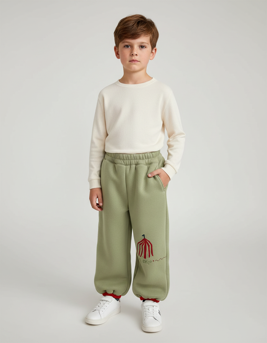 Pantalon Fluide Vert Kaki Ample Molleton Cirque Garçon