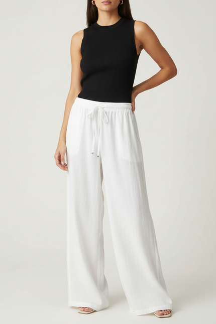 Pantalon Fluide Blanc Ample Lin Cordon Femme