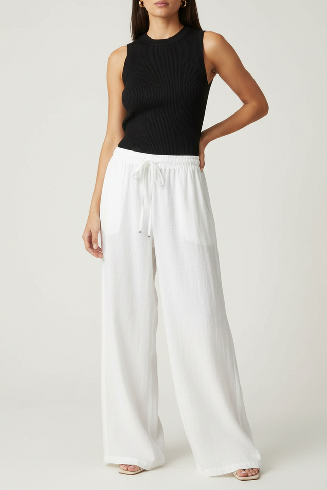 Pantalon Fluide Blanc Ample Lin Cordon Femme
