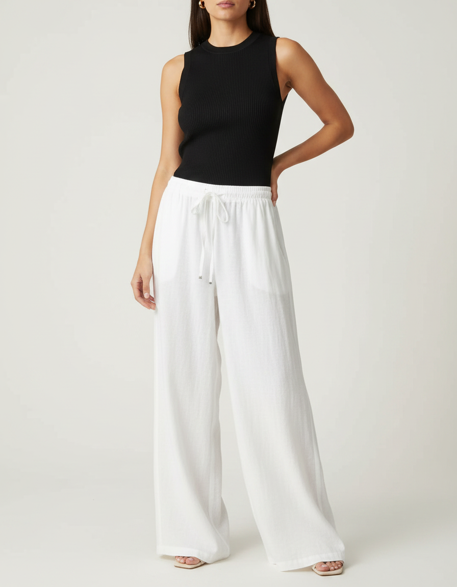 Pantalon Fluide Blanc Ample Lin Cordon Femme