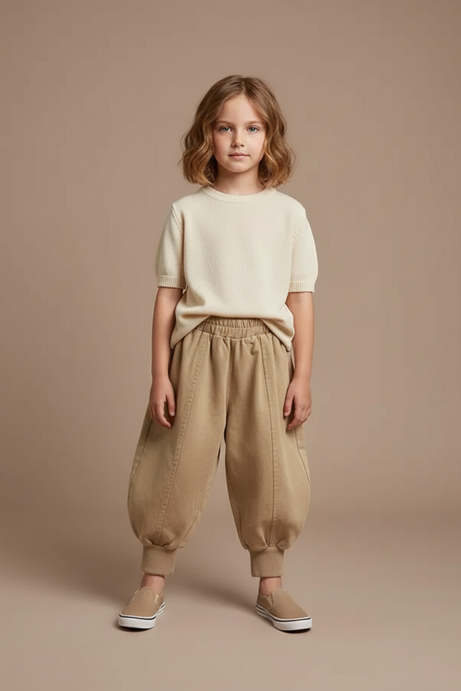 Pantalon Fluide Beige Coton Ample Harem Enfant - Molleton