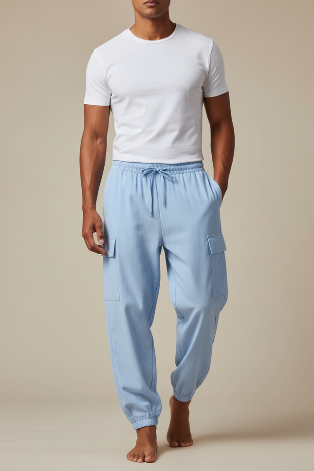 Pantalon Fluide Cargo Coton Lin Ample Homme Bleu
