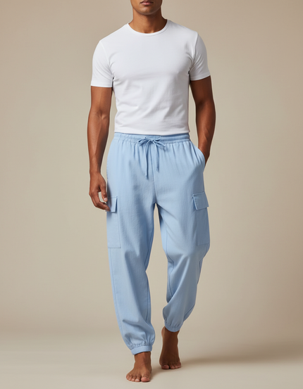 Pantalon Fluide Cargo Coton Lin Ample Homme Bleu