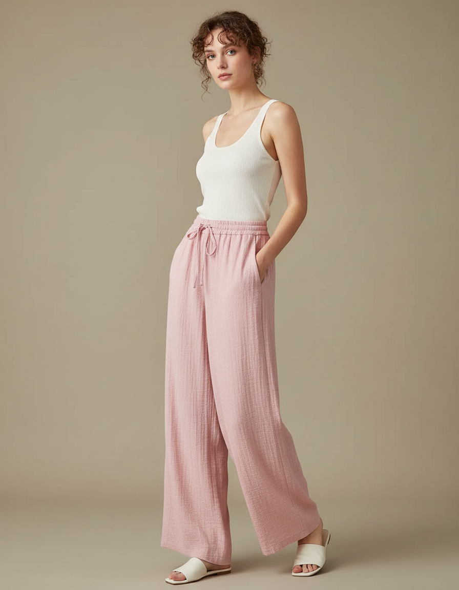 Pantalon Fluide Rose Ample Coton Léger Femme