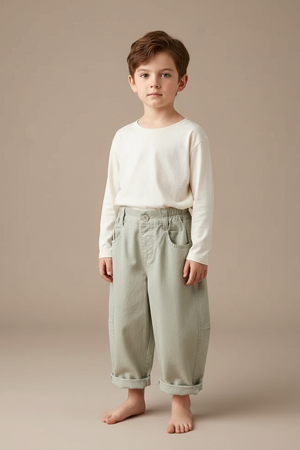 Pantalon Fluide Vert Ample Coton Décontracté Enfant