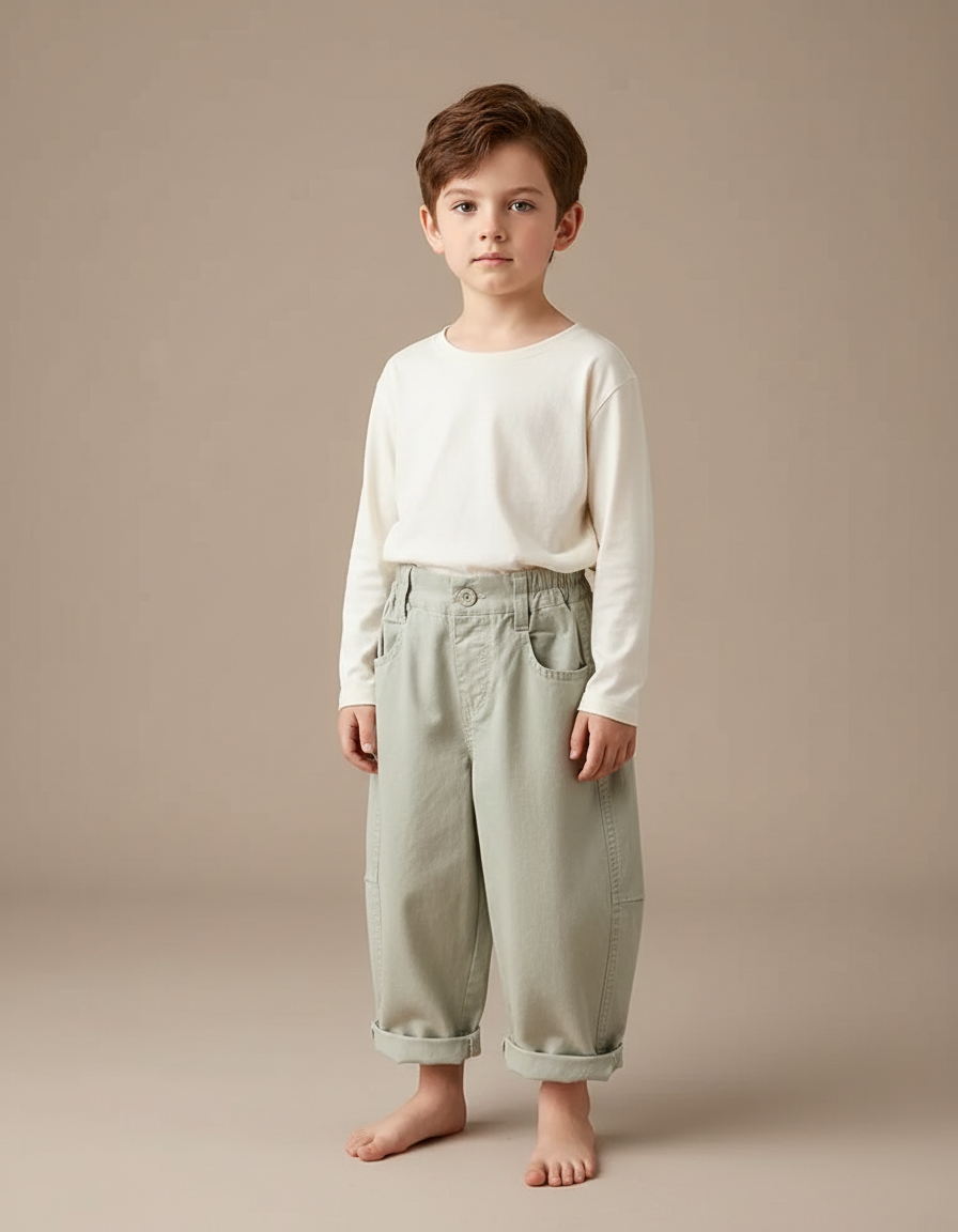 Pantalon Fluide Vert Ample Coton Décontracté Enfant