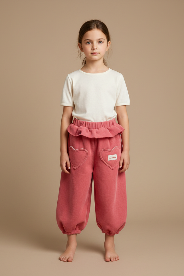 Pantalon Fluide Rose Ample Molleton Coeur Fille