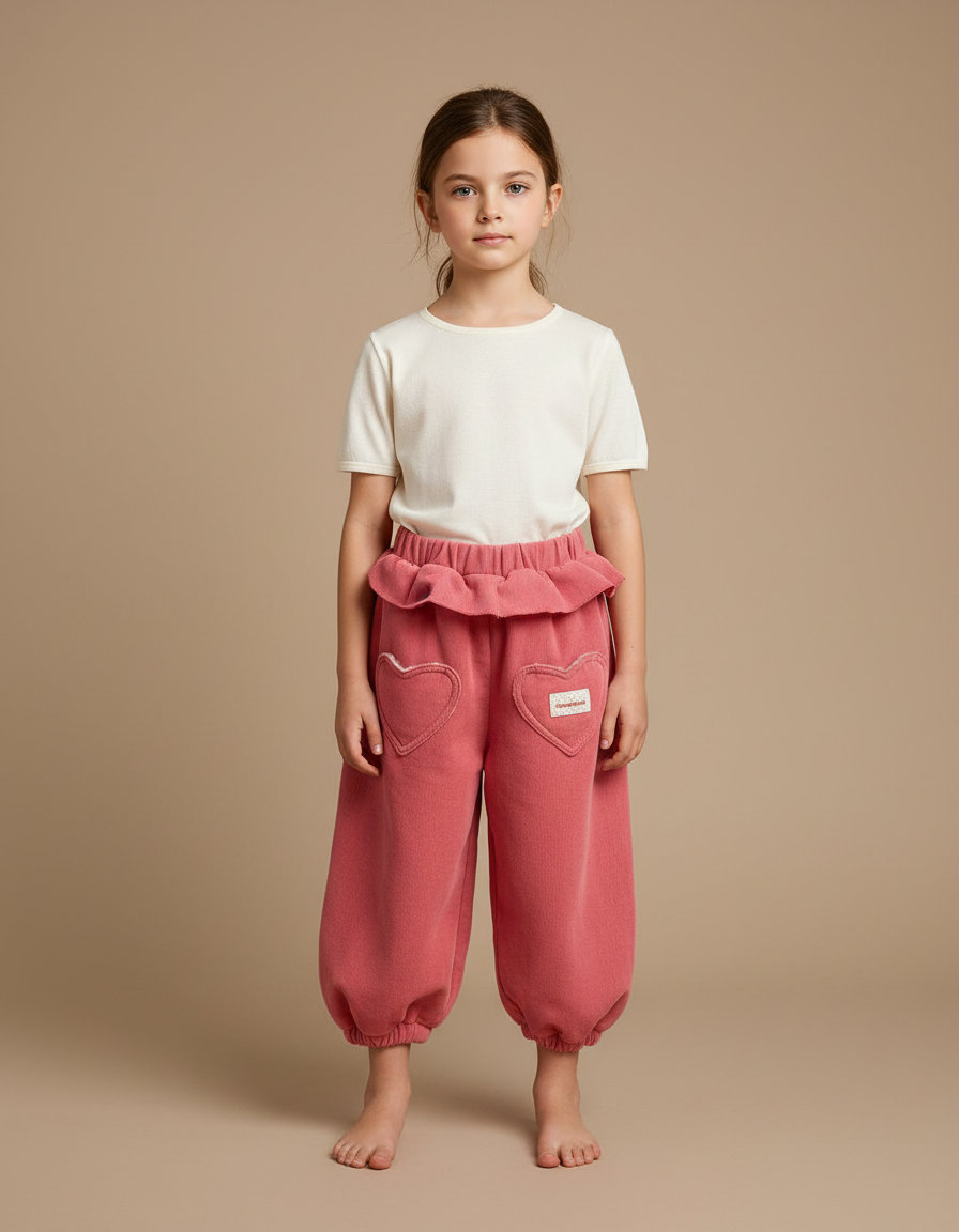 Pantalon Fluide Rose Ample Molleton Coeur Fille