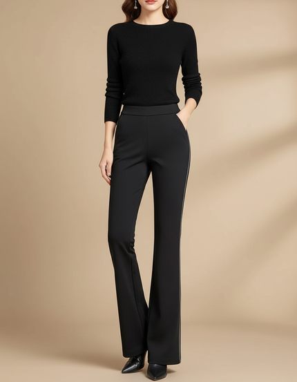 Pantalon Fluide Noir Évasé Élégant Bande Latérale - Polyester