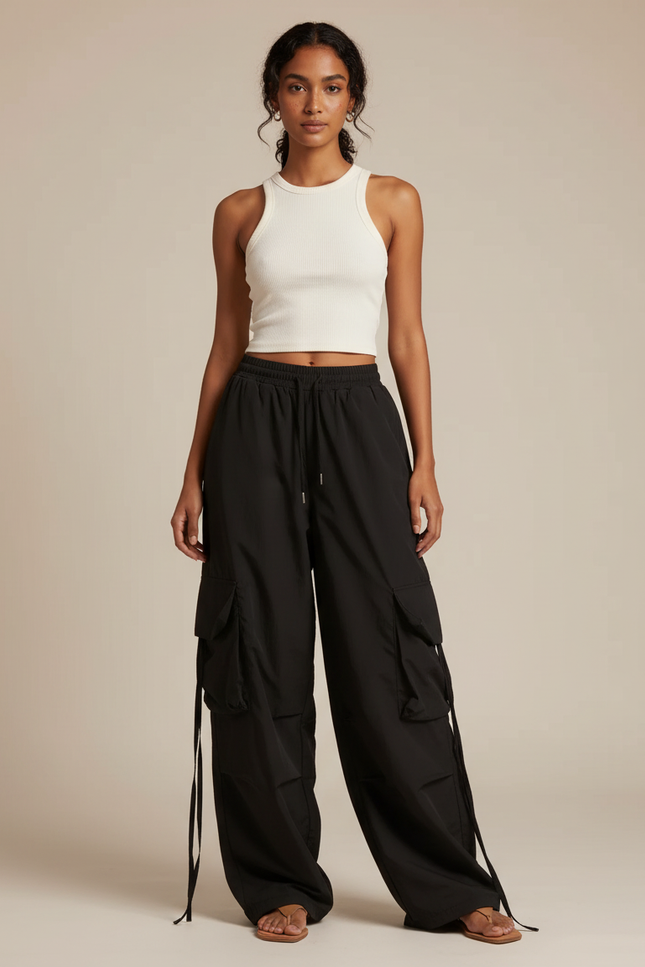 Pantalon Fluide Noir Ample Cargo Cordon Streetwear Femme - Polyester