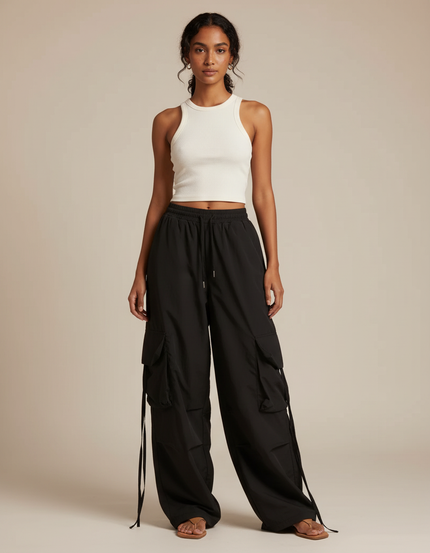 Pantalon Fluide Noir Ample Cargo Cordon Streetwear Femme - Polyester