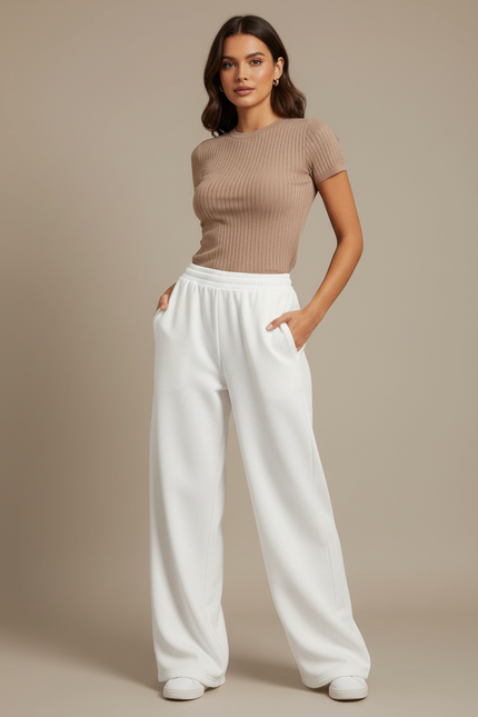 Pantalon Fluide Blanc Ample Taille Élastique Décontracté Sport - Molleton