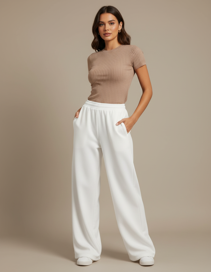 Pantalon Fluide Blanc Ample Taille Élastique Décontracté Sport - Molleton
