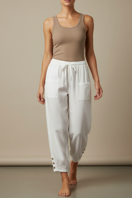 Pantalon Fluide Blanc Ample Coton Lin Boutonné Décontracté