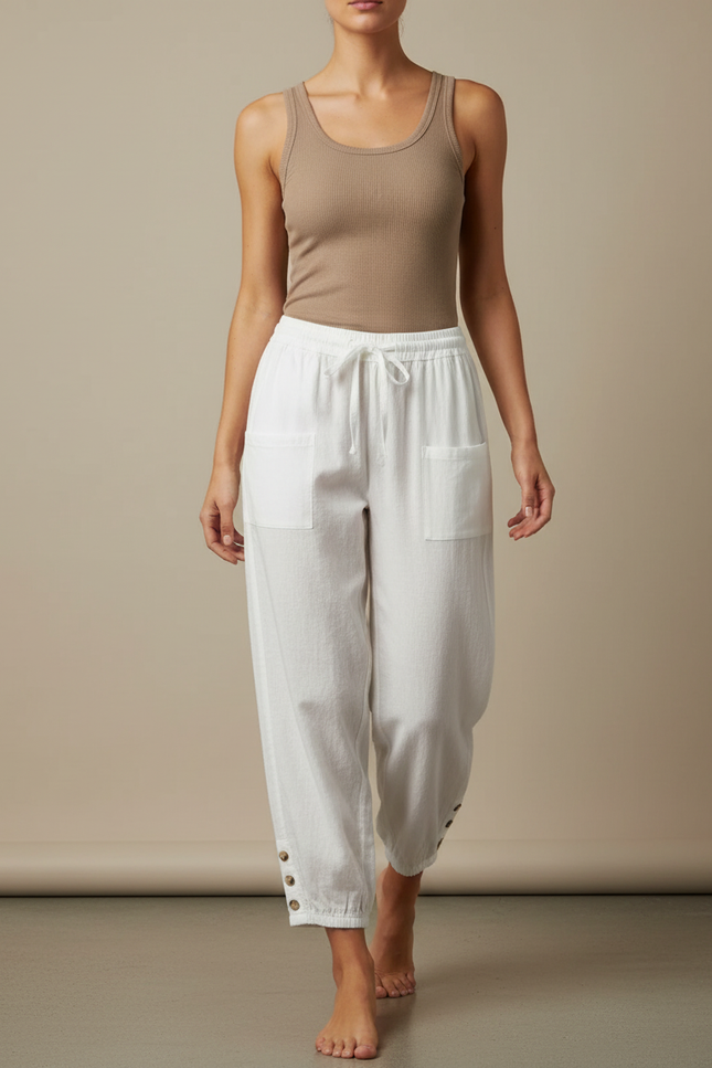 Pantalon Fluide Blanc Ample Coton Lin Boutonné Décontracté